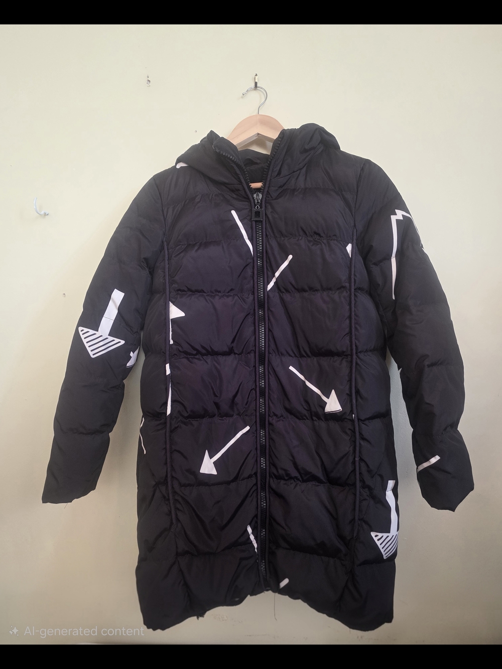 Kids Black Puffer Coat with White Arrow Print